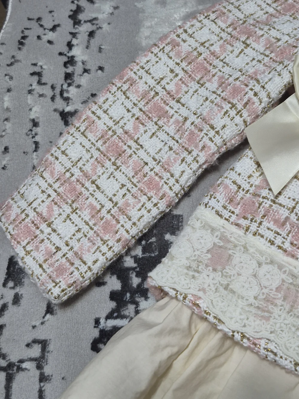 Pettigirl Autumn  Party pink plaid tweed ruffle dressscalloped Peter Pan collar